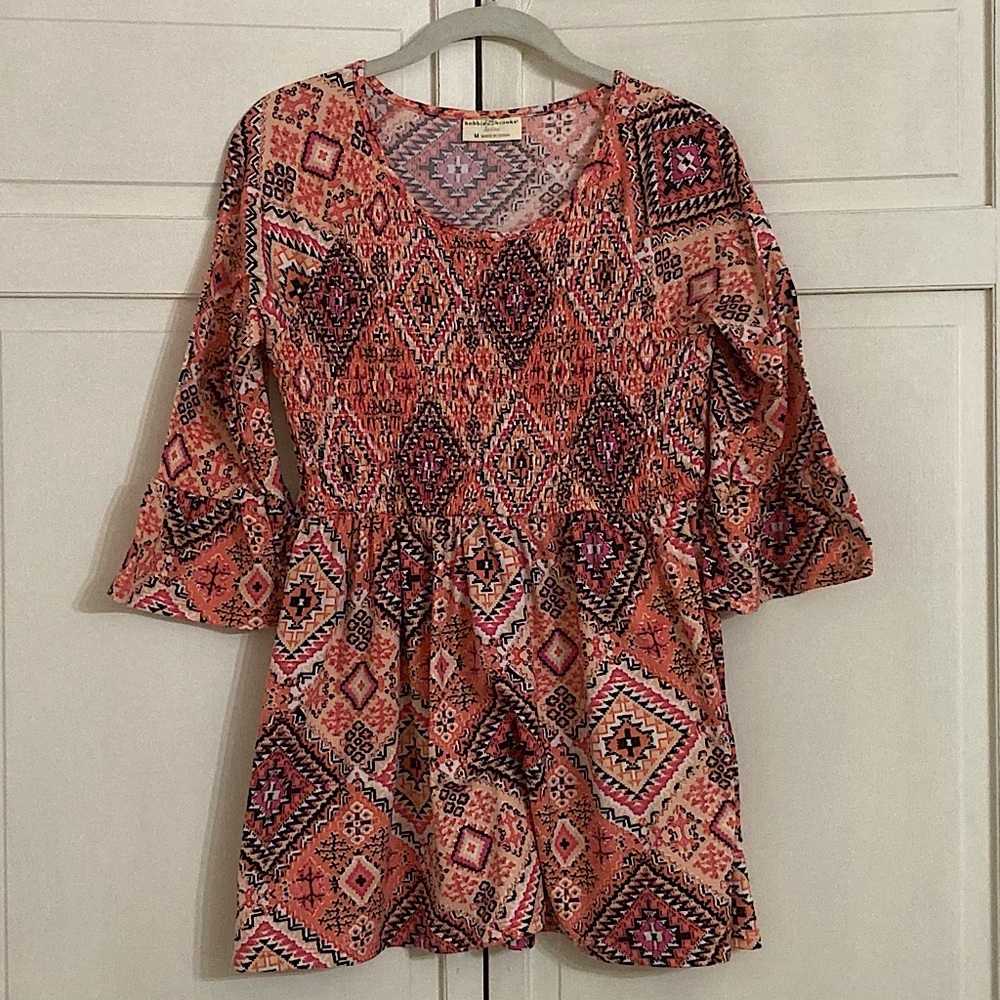 💫 Bobbie Brooks Multicolored Smocked Long Bell Sleeve Tunic Medium